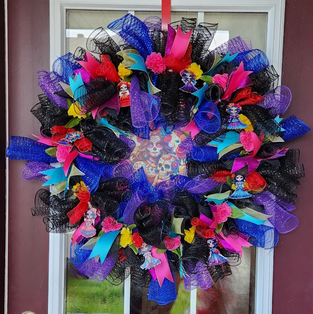 New Handcrafted X-Large Day Of The Dead Wreath On A 18 Inch Wired Wreath Frame